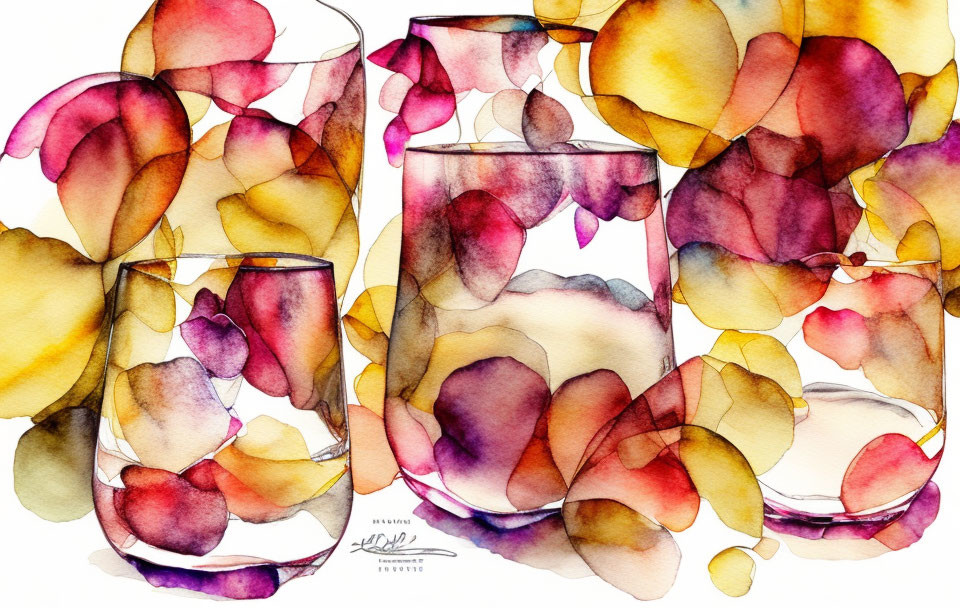 Colorful Watercolor Painting of Glasses with Abstract Petal-like Shapes