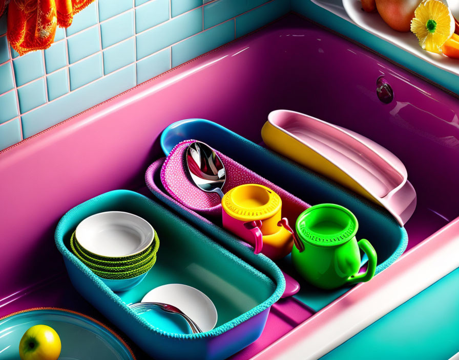 Vibrant Pink Sink with Colorful Kitchenware and Fresh Fruit