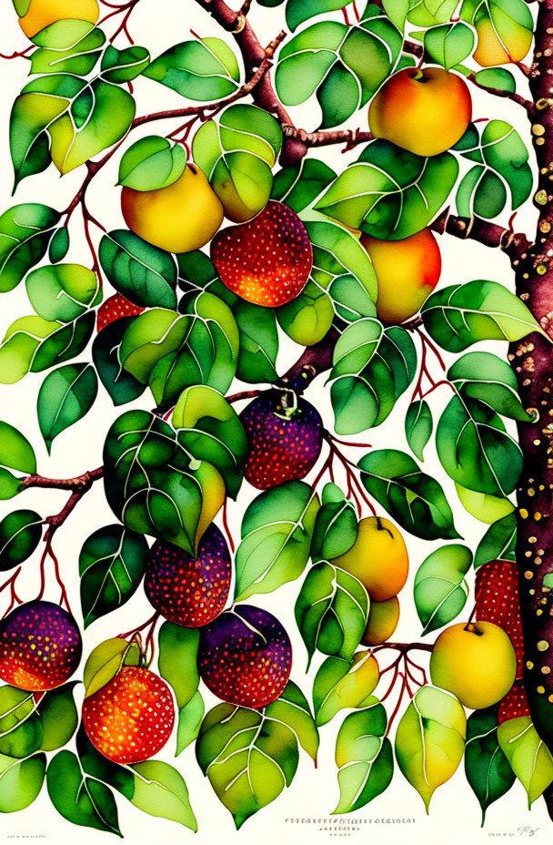 Colorful botanical illustration with green leaves and ripe fruits.