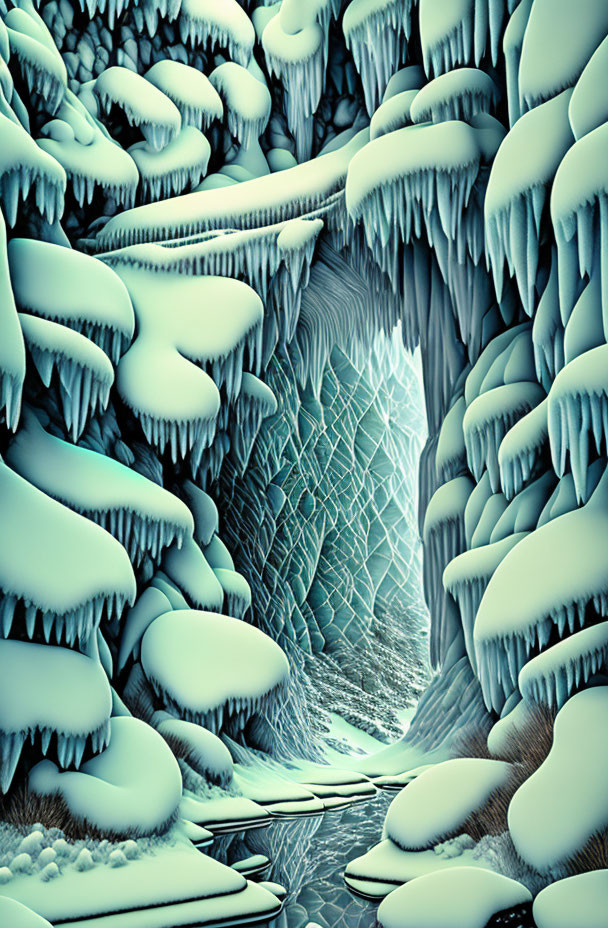 Icy Cave with Stalactites, Stalagmites, and Luminescent Opening