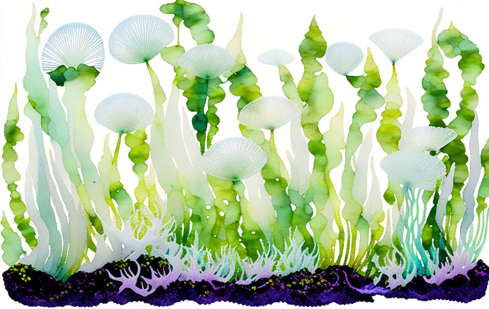 Vibrant Watercolor Painting of Underwater Plants and Mushrooms