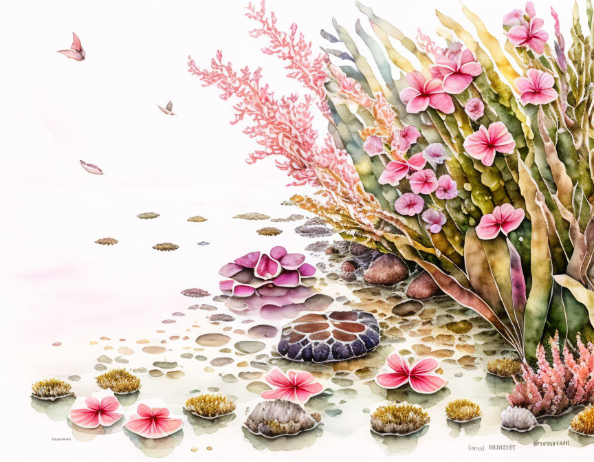 Underwater Scene Watercolor Illustration with Plants, Coral, Lotus Flowers, Rocks, and Butterflies