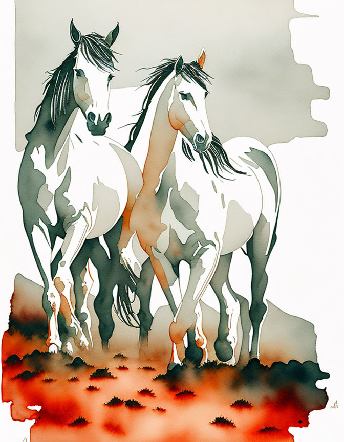 Illustrated horses in white and brown hues with watercolor effect on red background