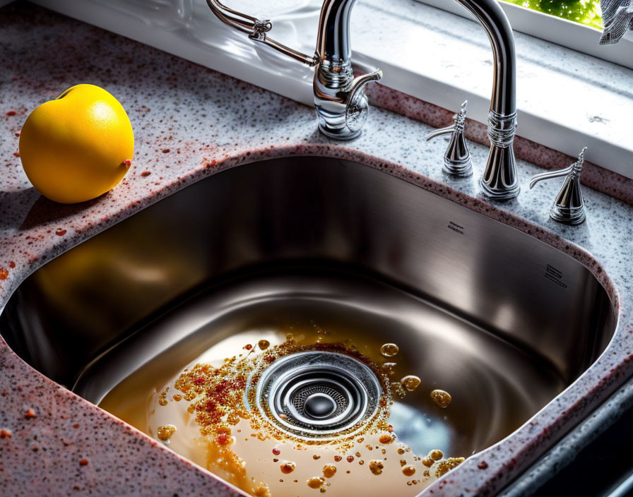 Modern kitchen sink scene with water, food particles, lemon on speckled countertop.