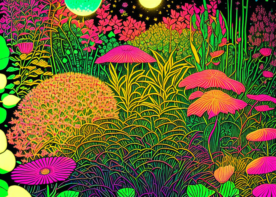 Neon-colored psychedelic garden with mushrooms and flowers