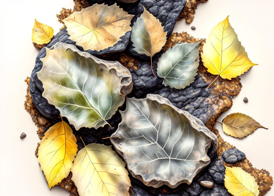 Ceramic bowls arranged like foliage, surrounded by autumn leaves.