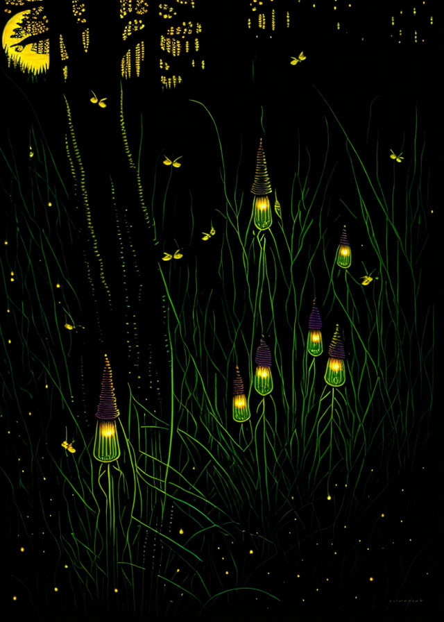 Glowing plants and fireflies in vibrant night scene