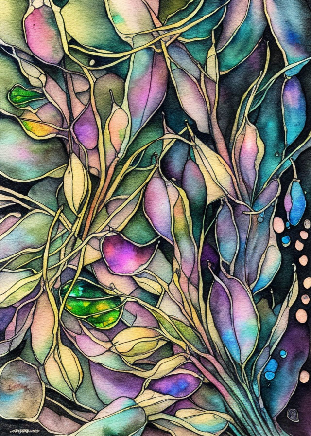 Colorful Watercolor Painting of Intertwining Plants and Leaves