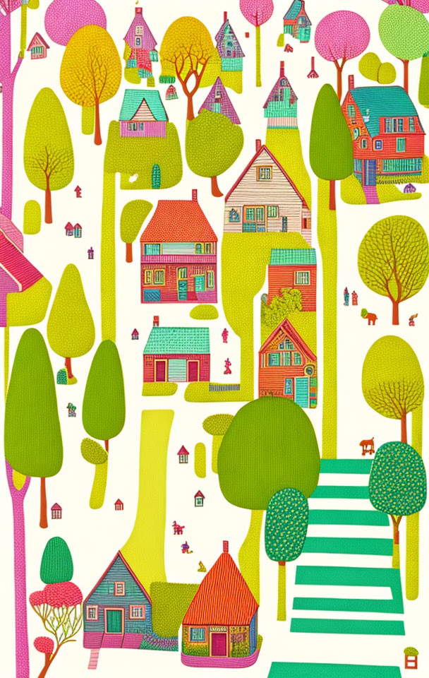 Whimsical houses and trees with staircase illustration