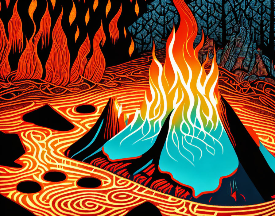 Colorful Campfire Illustration with Swirling Patterns in Forest