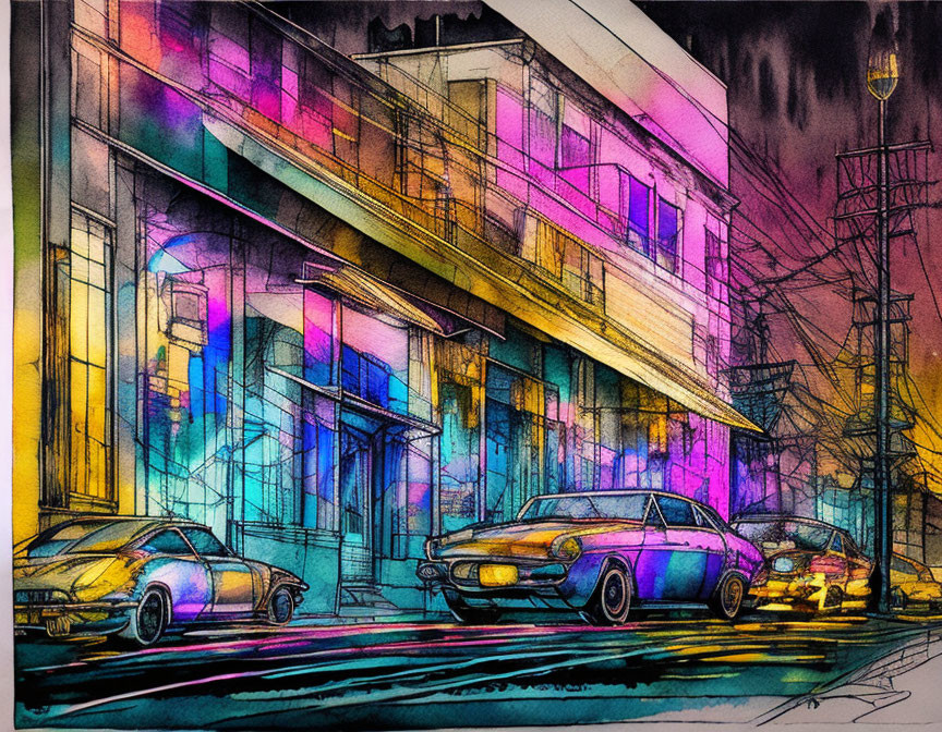 Vibrant watercolor of neon-lit night street scene