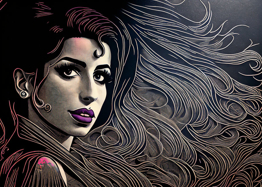 Colorful stylized portrait of a woman with bold makeup and iconic hair