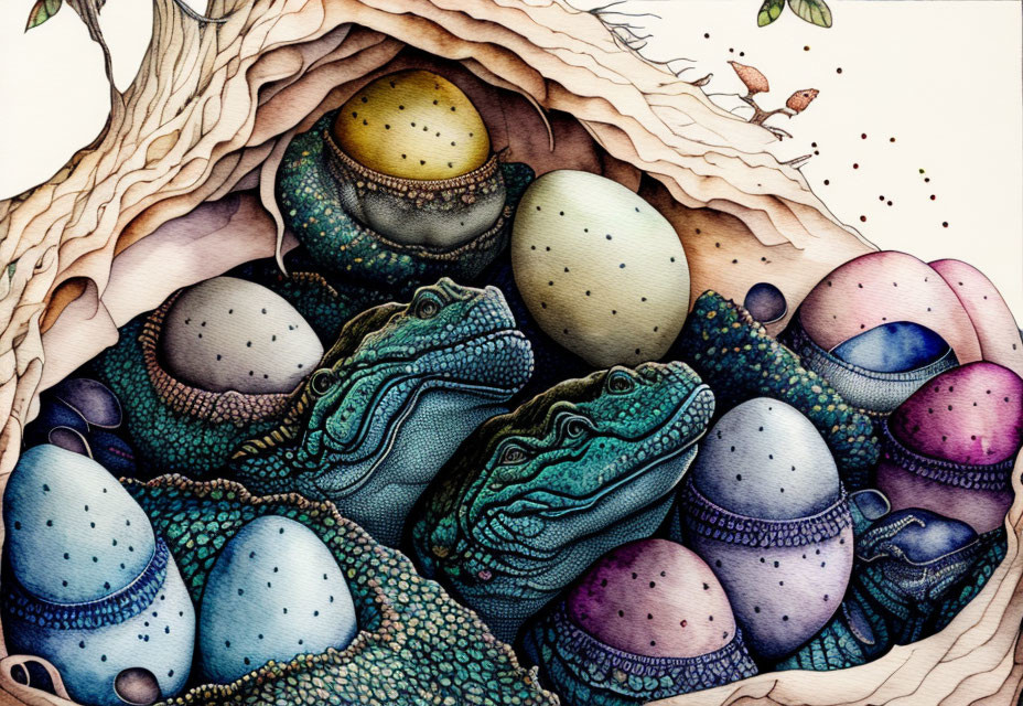 Colorful Nest with Patterned Eggs & Reptiles in Wooden Hollow