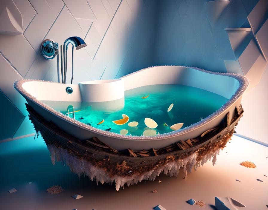 Surreal floating bathtub with blue water, rusted edge, autumn leaves, modern tap.