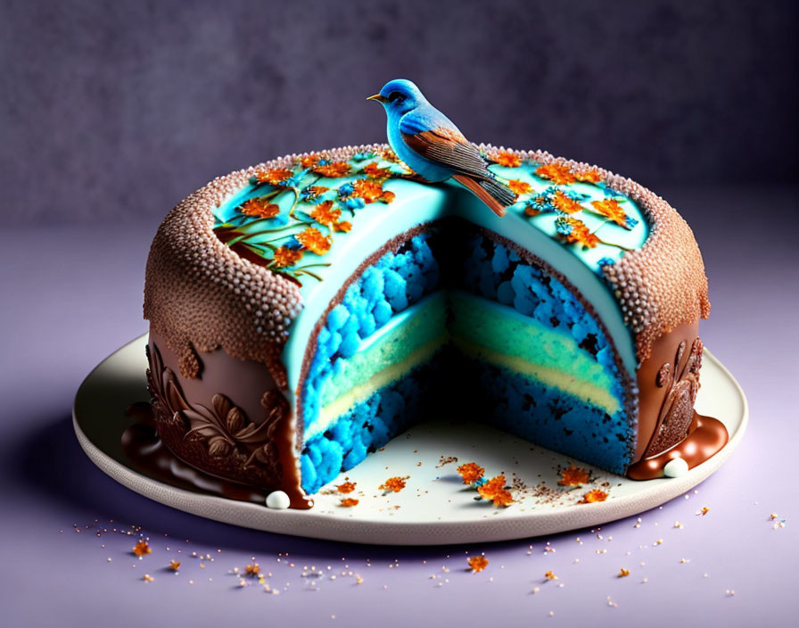 Bluebird-themed decorative cake with blue and white layers on purple background