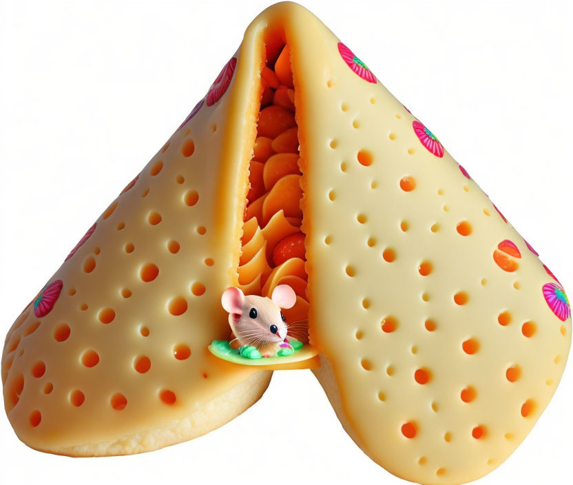 Mouse peeking from Swiss cheese slice with candy decorations