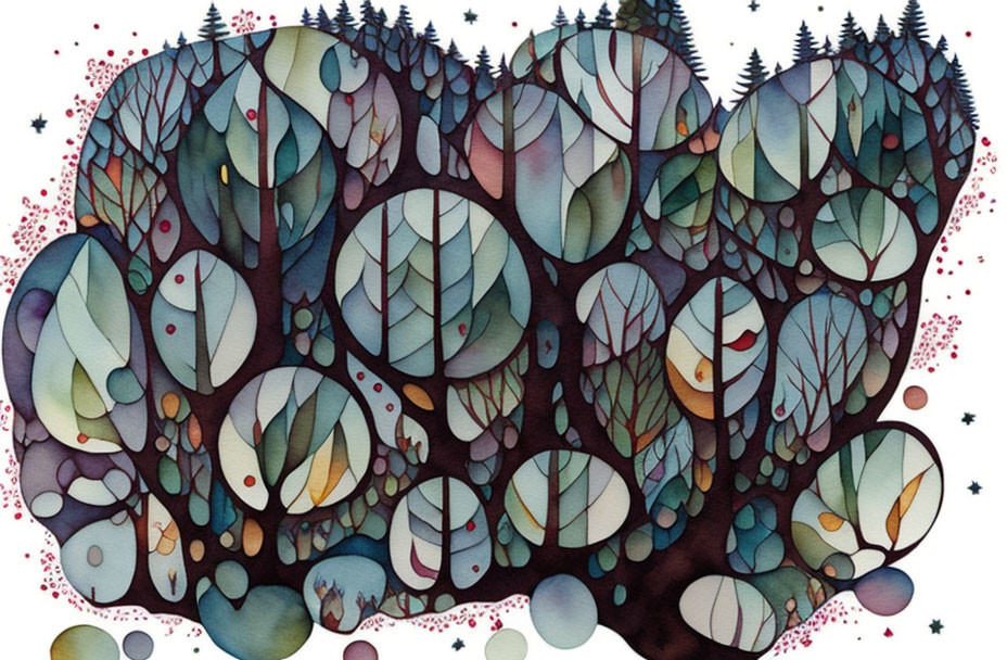 Whimsical forest illustration with cool hues and intricate patterns