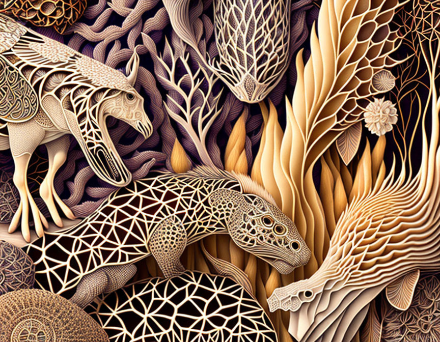 Detailed wooden relief carving of stylized lizards amidst intricate patterns.