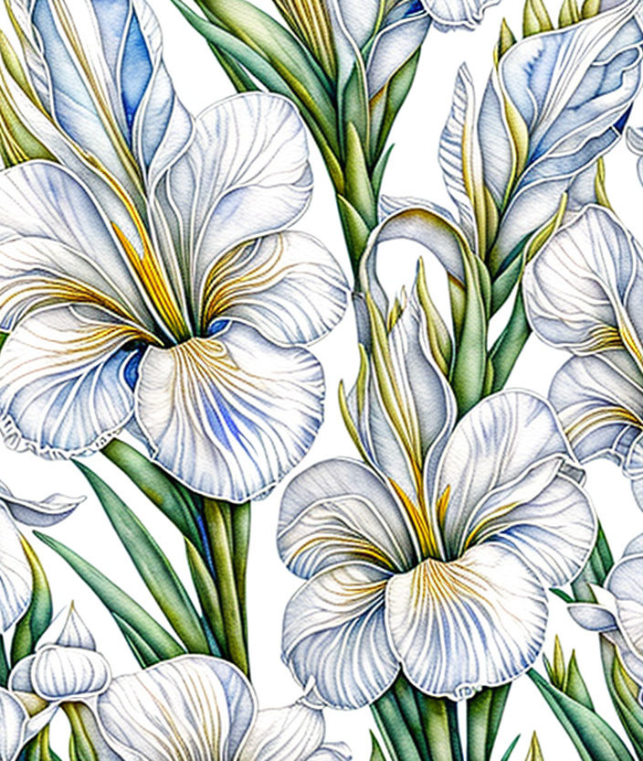 Delicate blue and white irises with yellow accents on white background