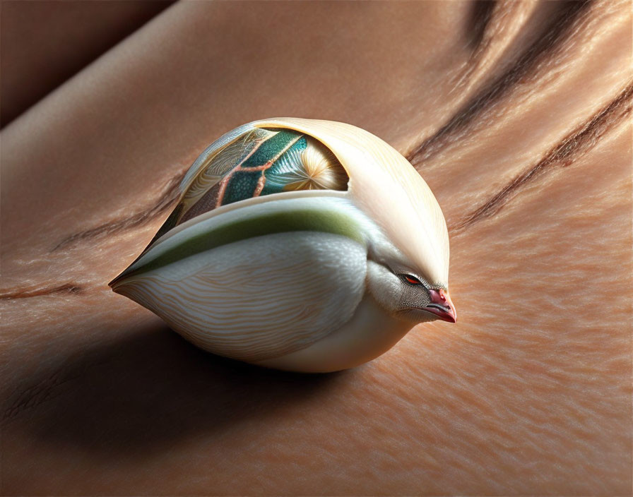 Surreal bird-seashell fusion on smooth surface with hair-like textures