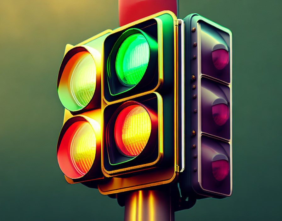 Close-up of dual green traffic lights on blurred background