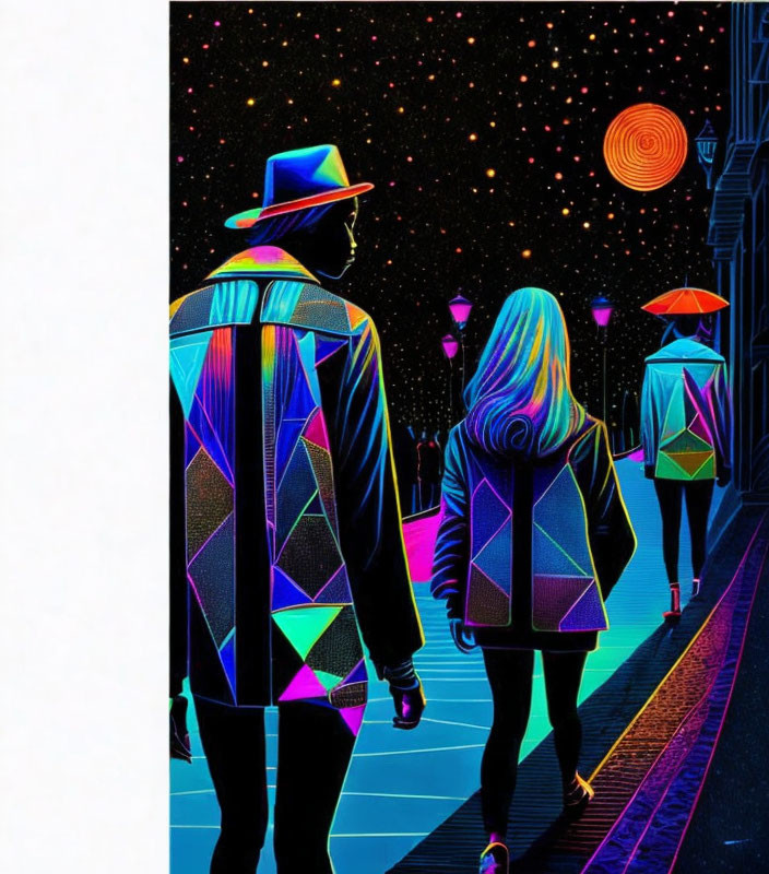 Vibrant neon-lit street with geometrically patterned clothing people