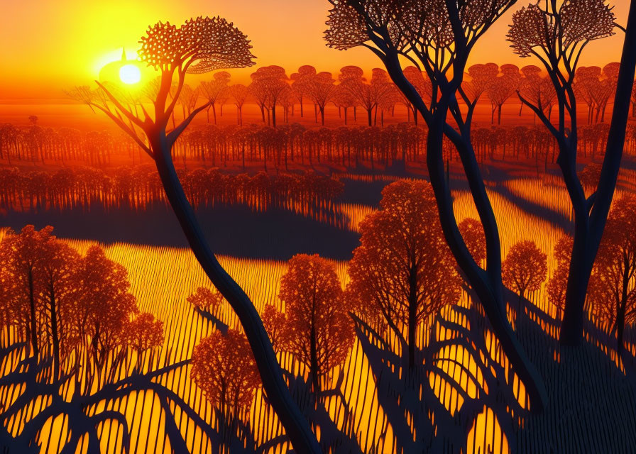 African savanna sunset with flat-topped acacia trees and tranquil water