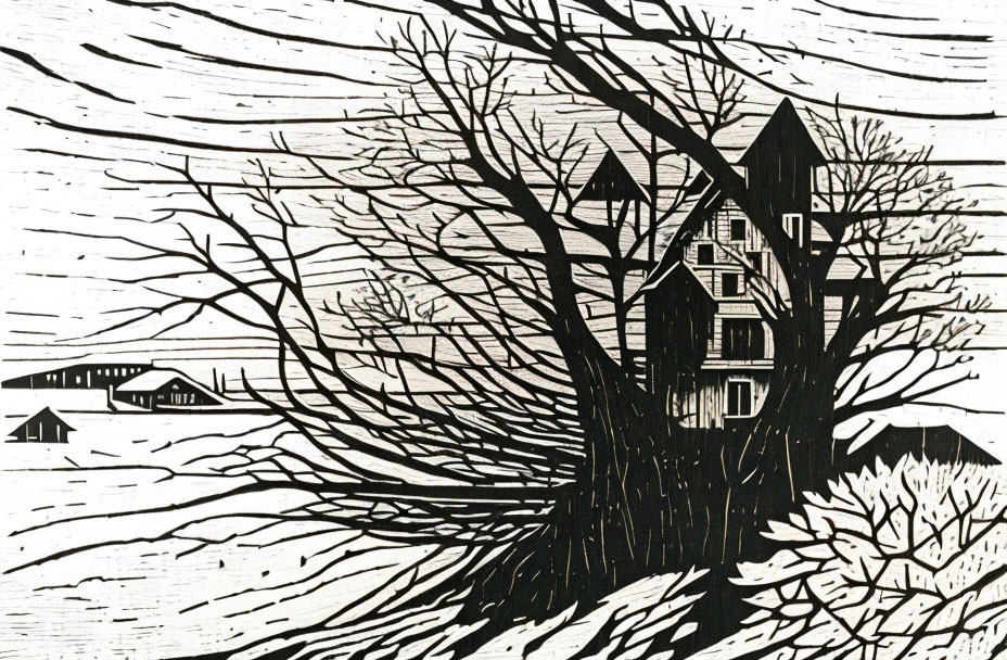 Detailed Woodcut: Leafless Tree & House in Windy Landscape