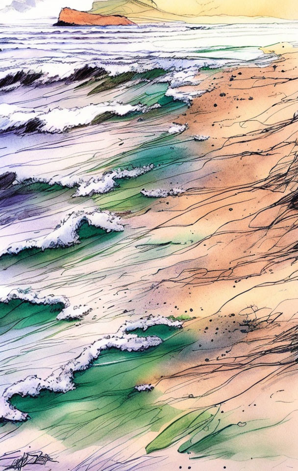 Seashore watercolor painting with frothy waves on sandy beach