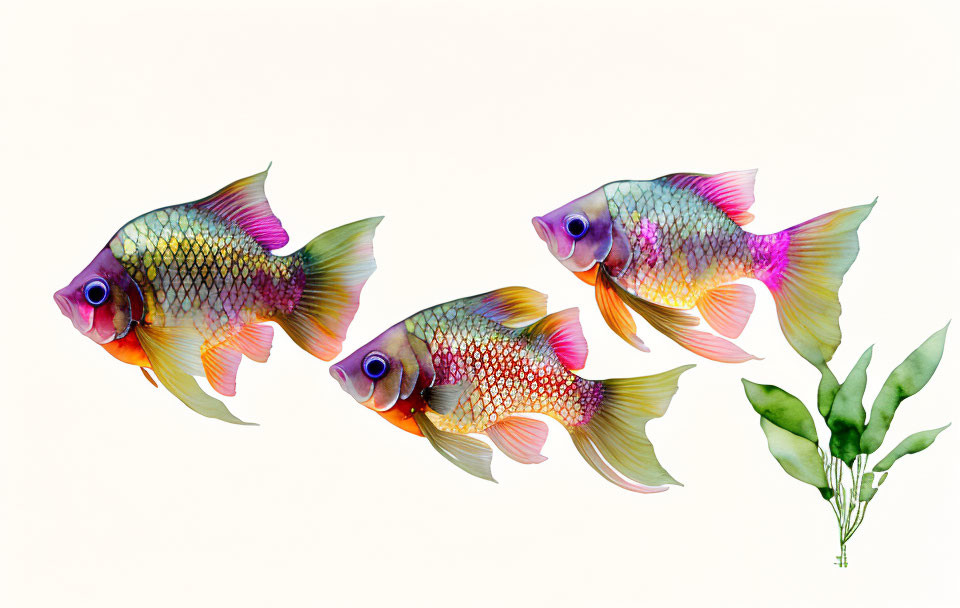 Vibrant Fish and Green Plant on White Background