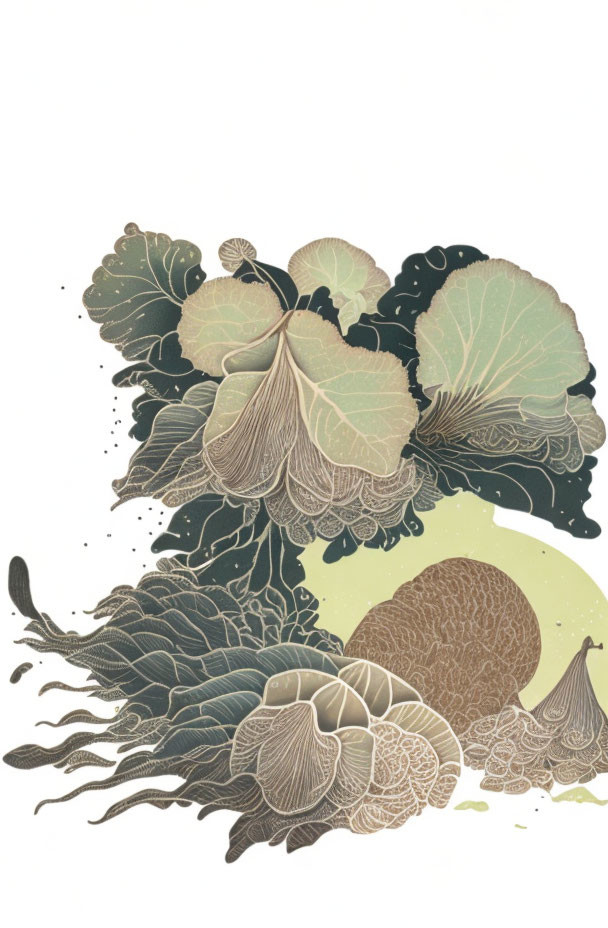 Stylized botanical illustration with overlapping leaves and floral patterns in green, beige, and black tones