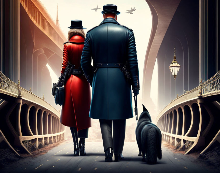 Man in Blue Coat and Woman in Red Dress with Cat on Bridge Facing Futuristic Cityscape