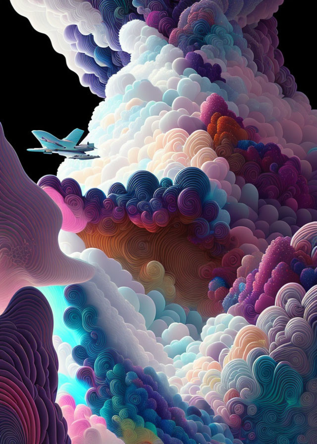 Vibrant surreal digital artwork of jet flying in textured clouds