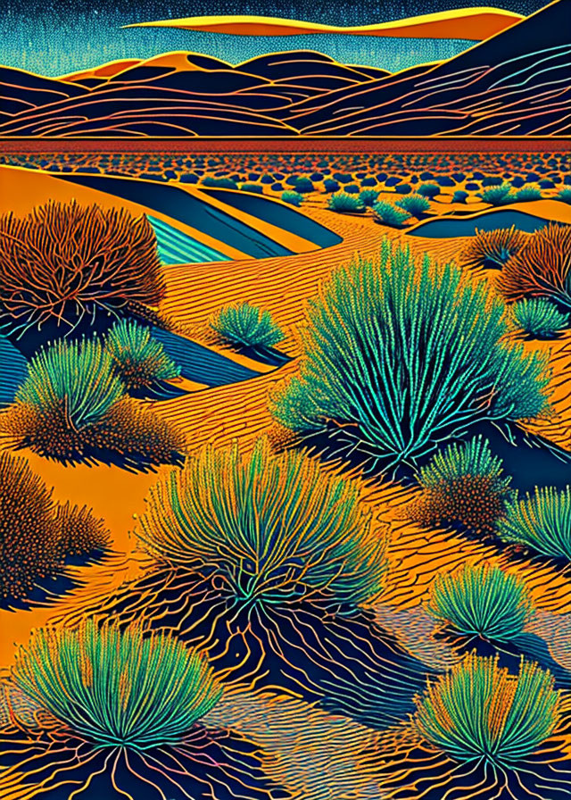 Colorful desert landscape illustration with patterned hills and starry night sky