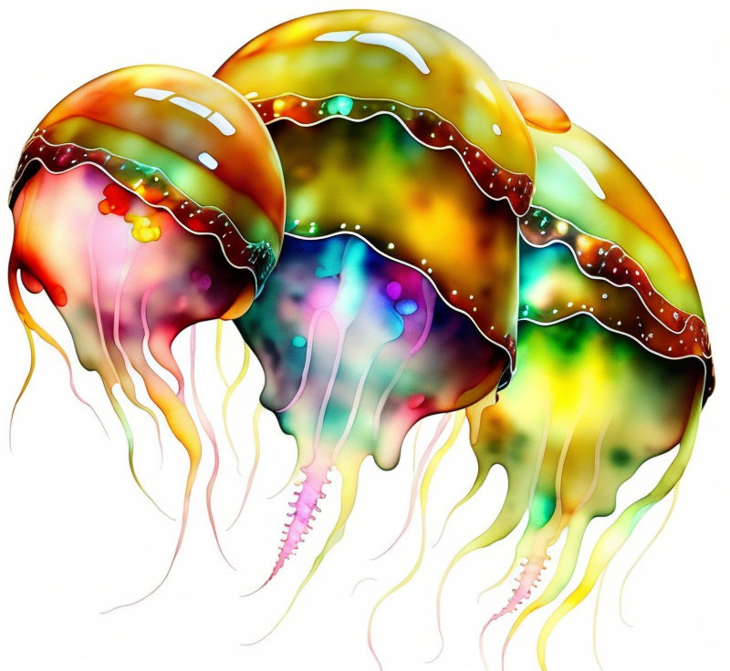 Colorful Jellyfish Illustration with Flowing Tentacles on White Background