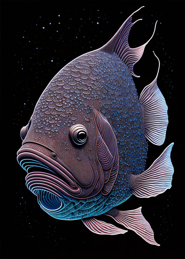 Colorful Fish Illustration with Detailed Patterns on Starry Background