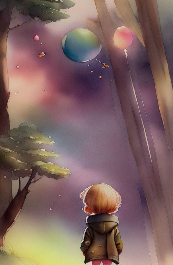 Child in coat admires colorful balloons in dreamy sky