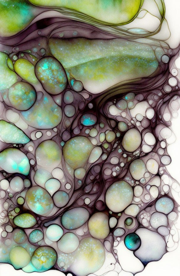 Swirling Patterns and Bubble-like Structures in Green, Blue, and Purple Hues