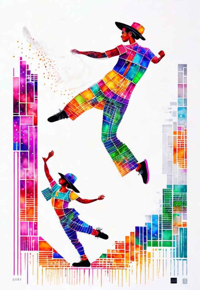 Vibrant artistic illustration of two figures in plaid outfits with hats and abstract vertical patterns