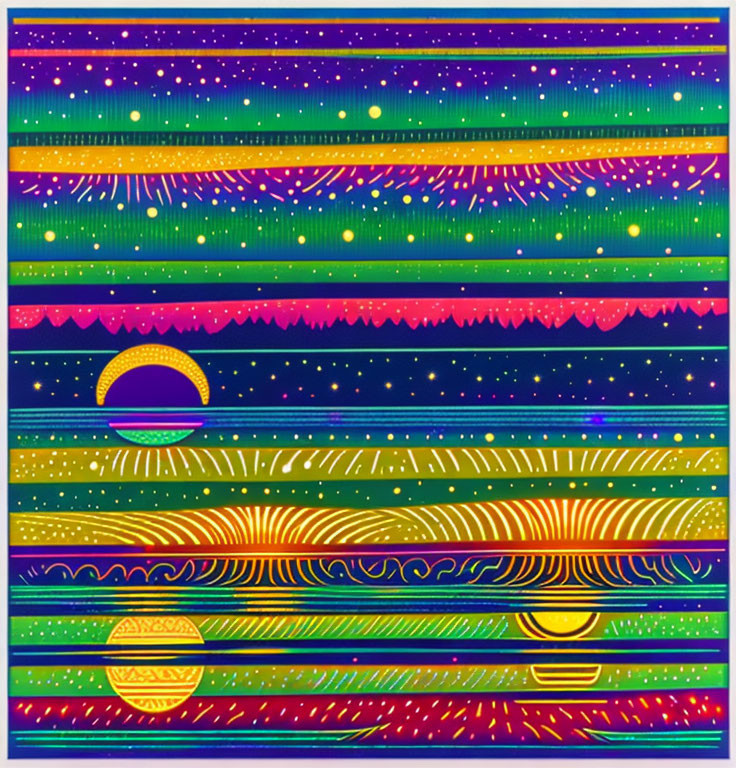 Colorful Abstract Artwork with Horizontal Stripes, Stars, Dots, Waves, and Sun Mot