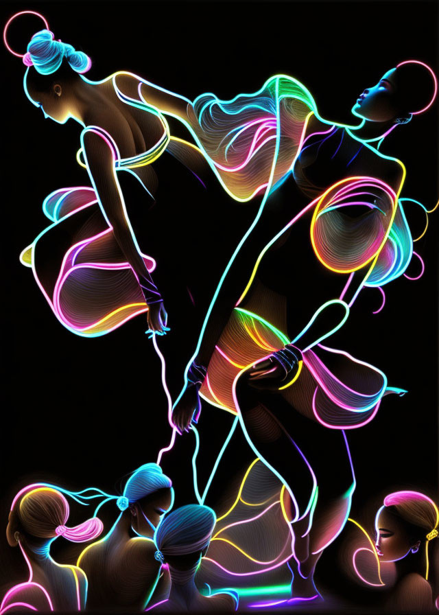 Vibrant neon artwork: Women silhouettes in flowing lines on black.