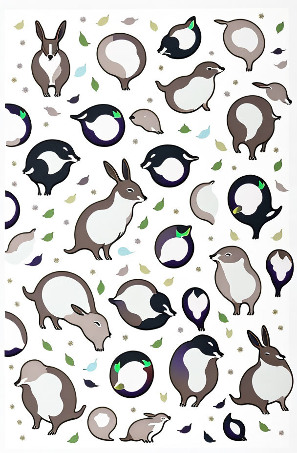 Whimsical illustration with rabbits, birds, and leaves in earthy purple palette