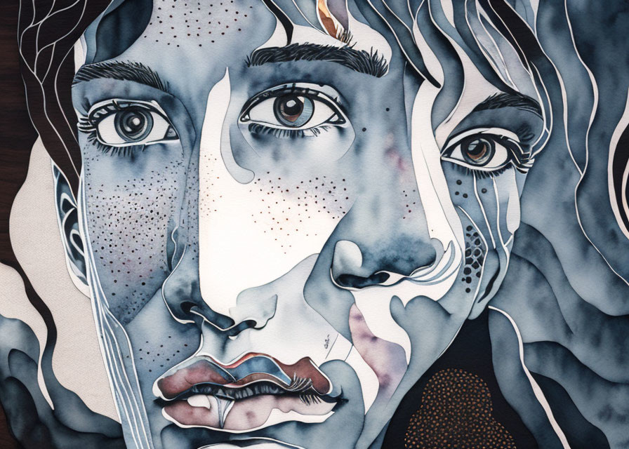 Surreal artwork with overlapping faces on dark background