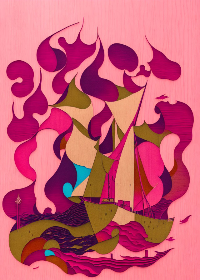 Colorful Sailboat Paper Artwork with Flames and Swirls on Pink Background