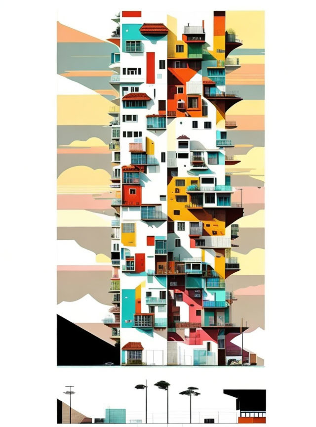 Vibrant illustration of tall building with unique extensions