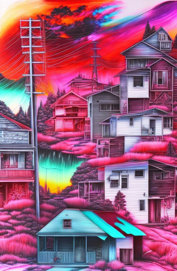 Colorful digital artwork: Row of vibrant houses under vivid sky