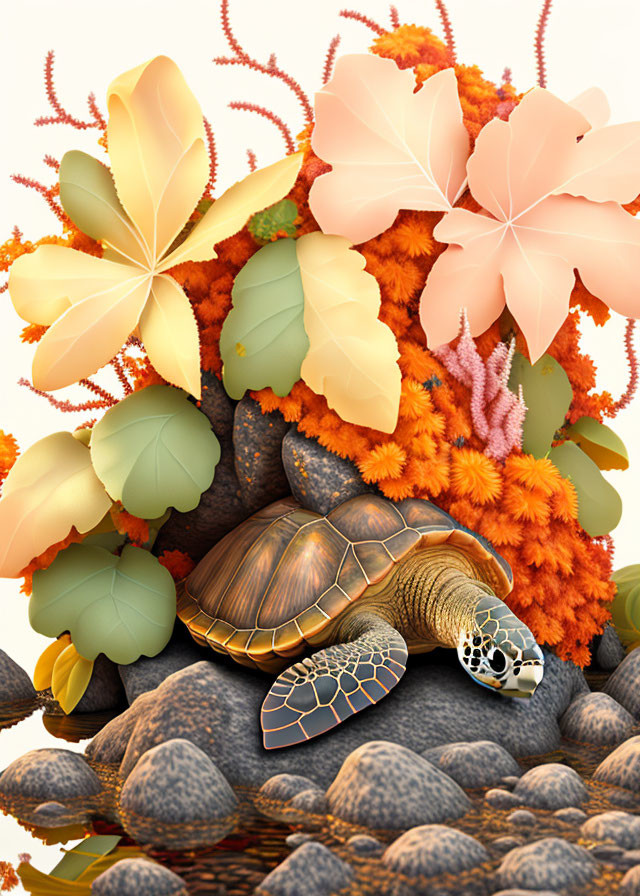 Vibrant sea turtle digital illustration with coral and sea plants