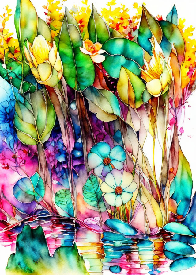 Colorful Watercolor Painting of Whimsical Flowers and Reflections