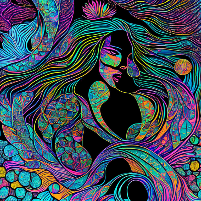 Colorful Psychedelic Illustration of Woman with Flowing Hair and Sunglasses