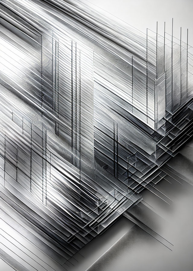 Abstract grayscale image with layered lines and geometric shapes.